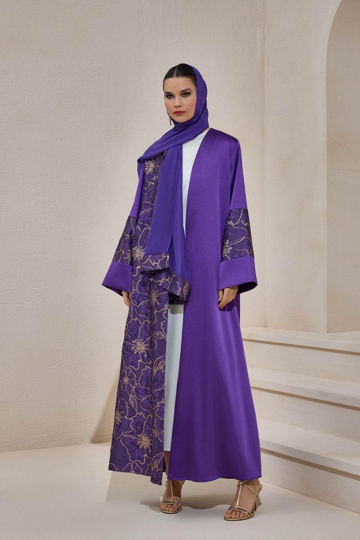 Gold Brocade Purple Abaya Set with Shawl