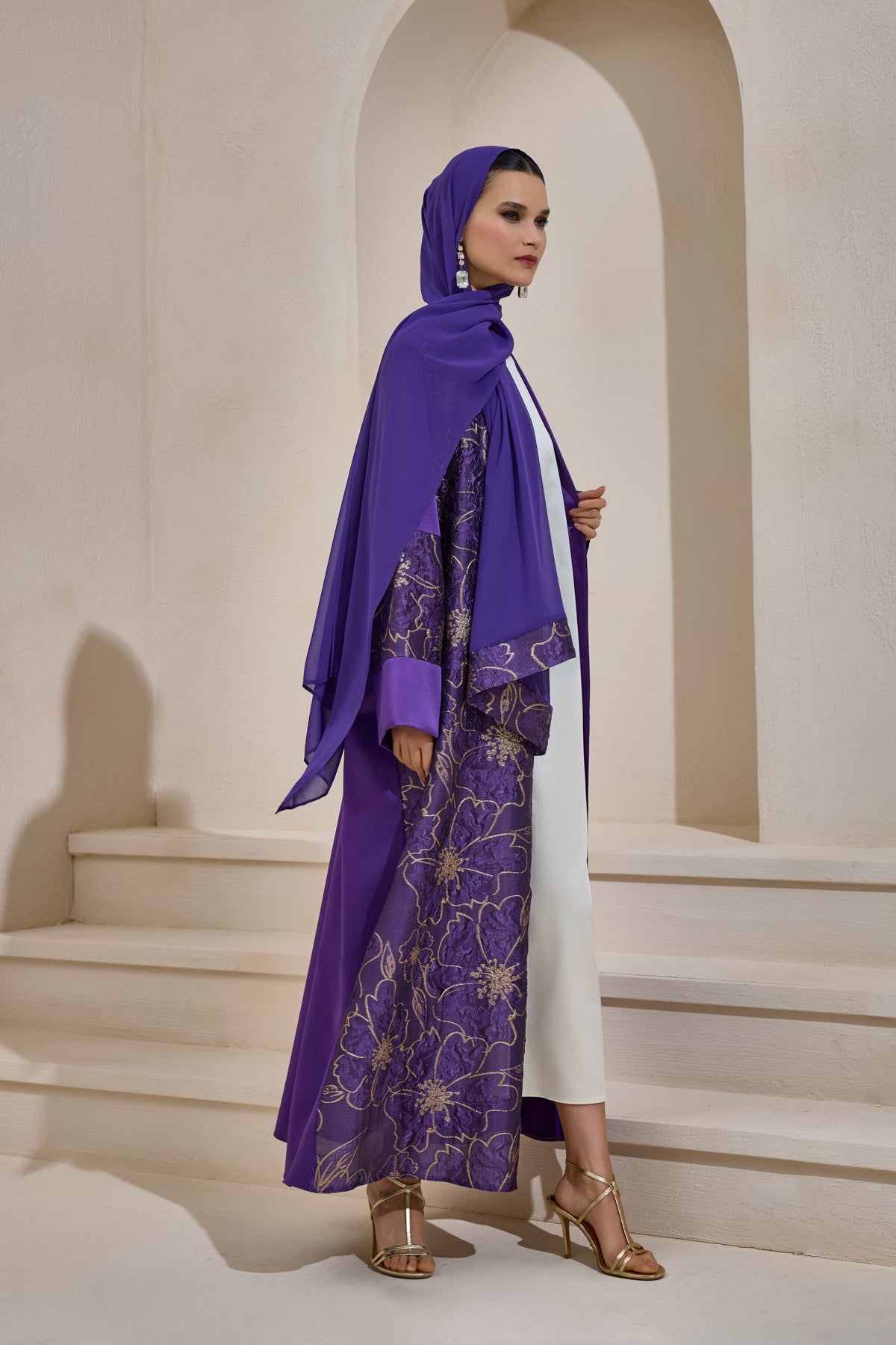 Gold Brocade Purple Abaya Set with Shawl