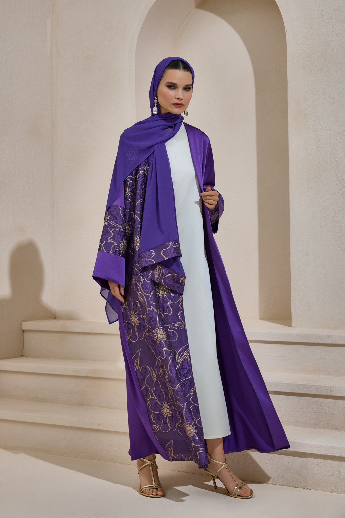 Gold Brocade Purple Abaya Set with Shawl