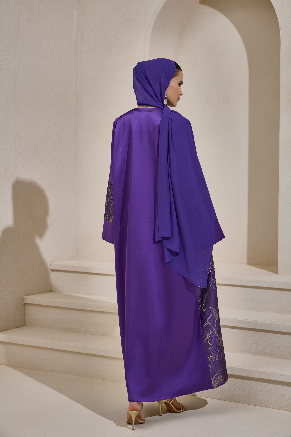 Gold Brocade Purple Abaya Set with Shawl