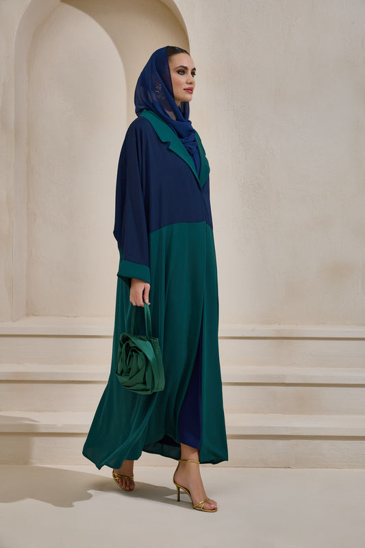 Green and Navy Blue Abaya Set with Shawl