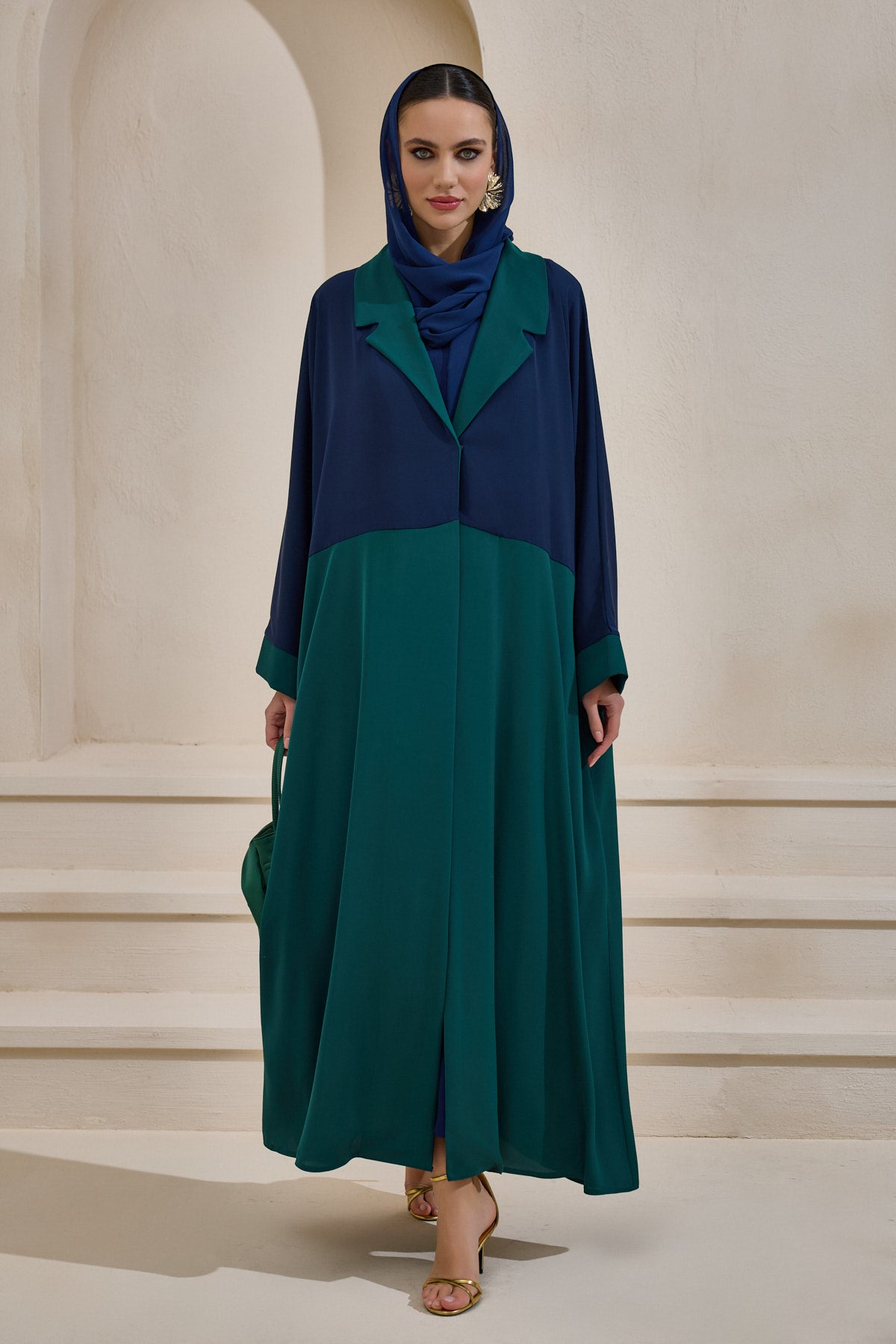 Green and Navy Blue Abaya Set with Shawl