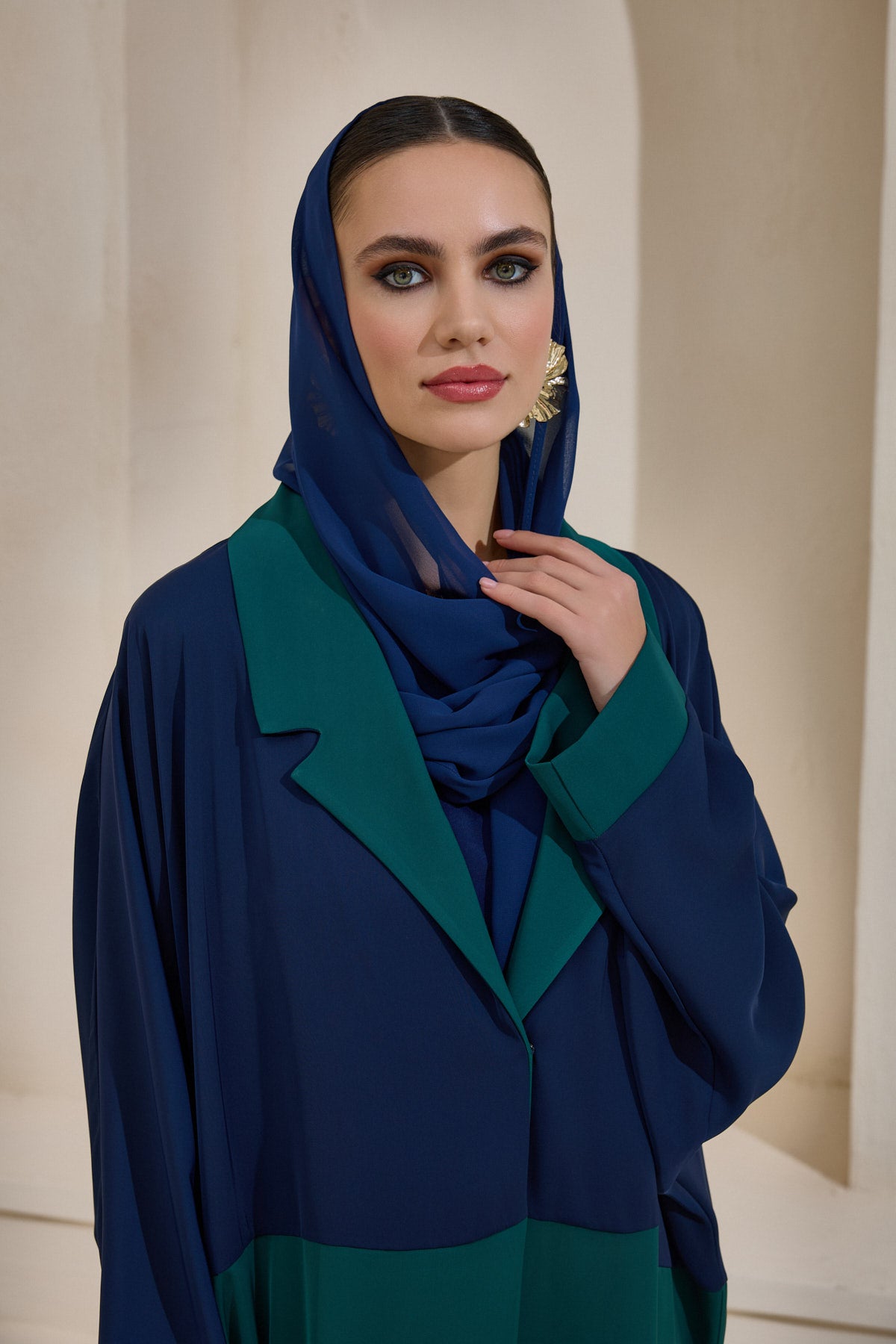 Green and Navy Blue Abaya Set with Shawl