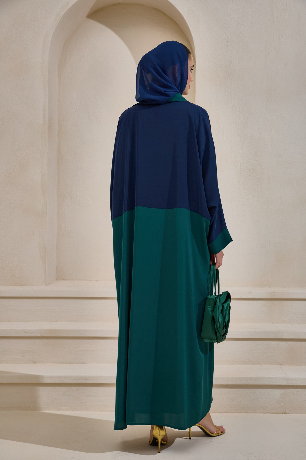 Green and Navy Blue Abaya Set with Shawl