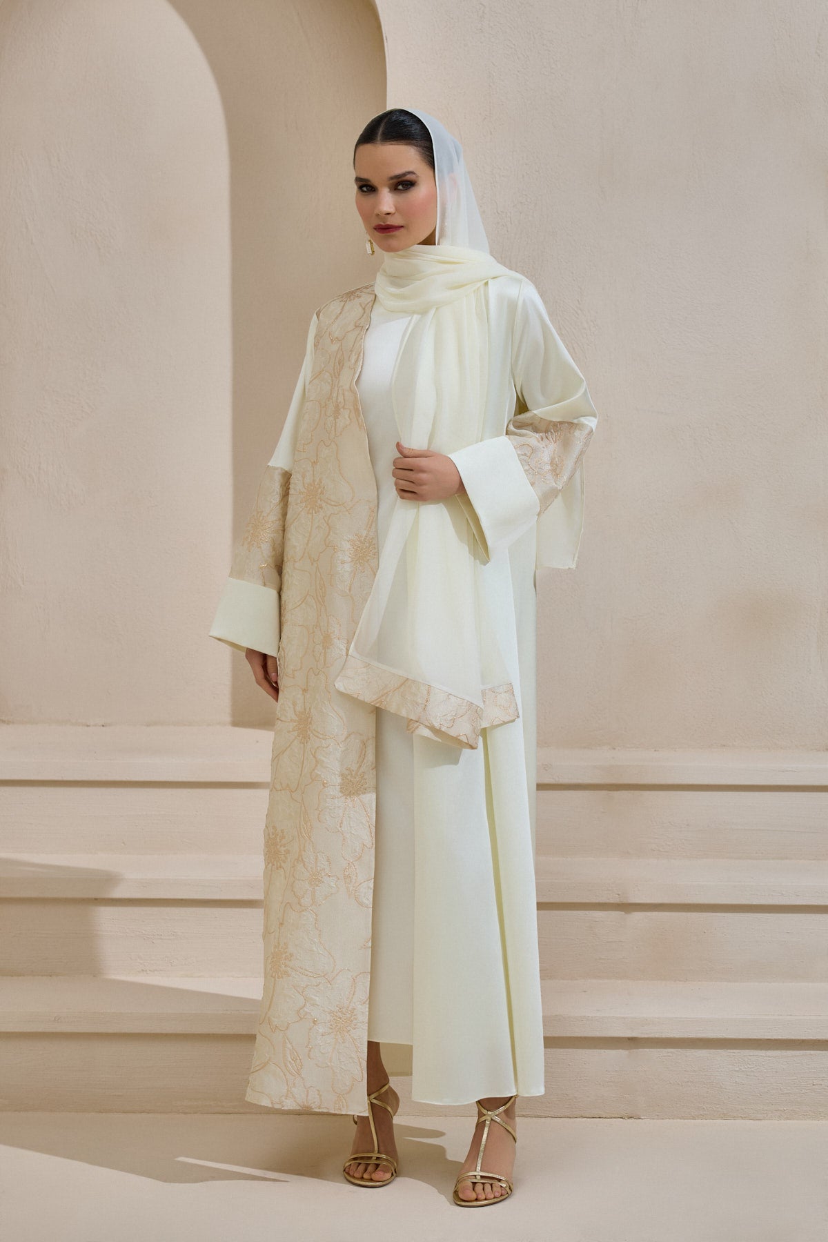 Gold Brocade Cream Abaya Set with Shawl