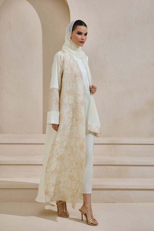 Gold Brocade Cream Abaya Set with Shawl