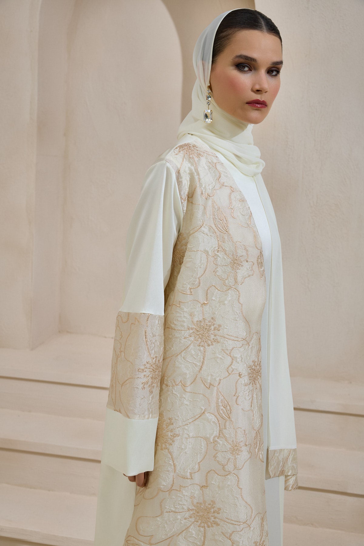 Gold Brocade Cream Abaya Set with Shawl