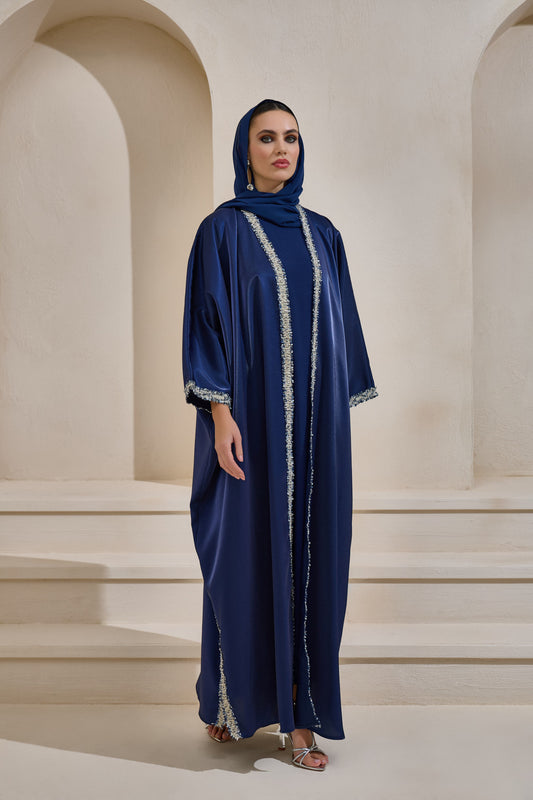 Navy Blue Oversized Satin Abaya Set with Shawl