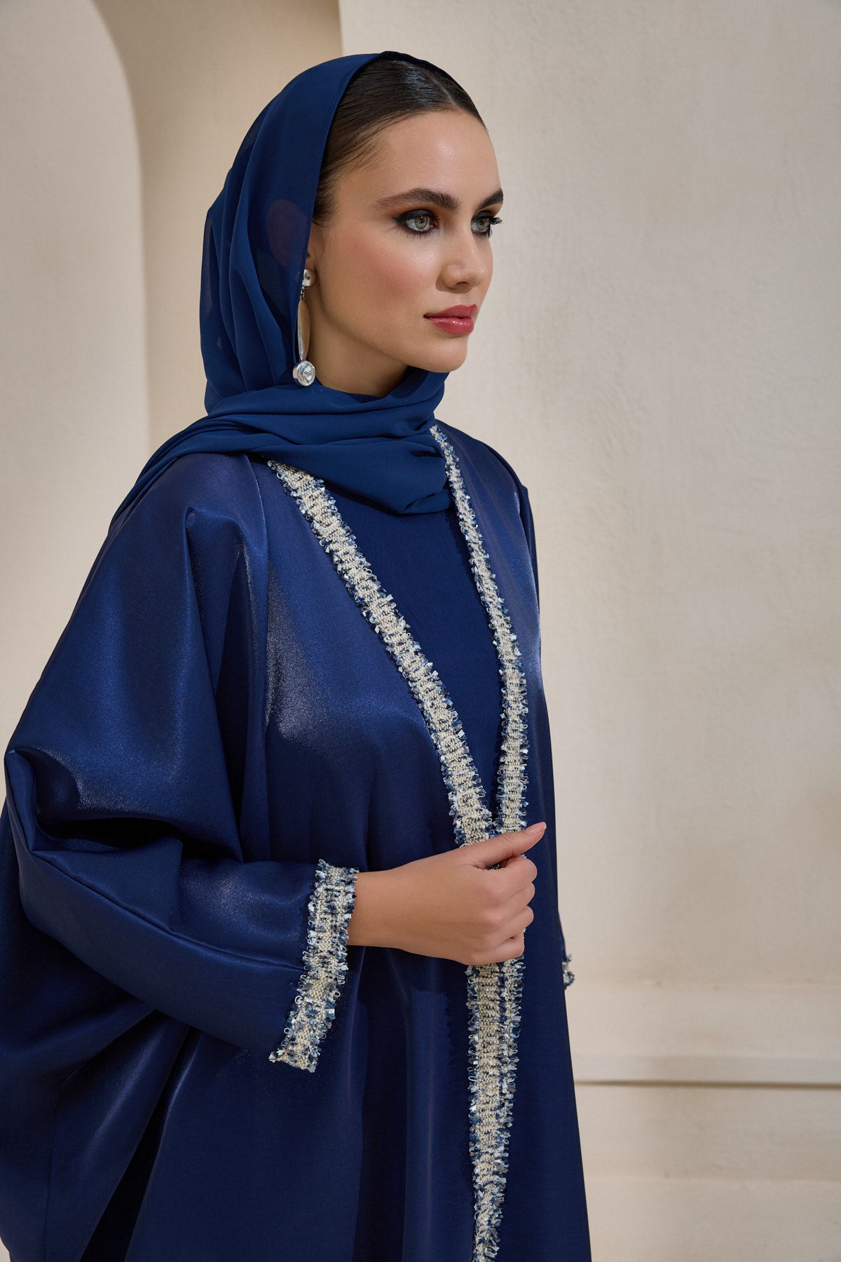 Navy Blue Oversized Satin Abaya Set with Shawl