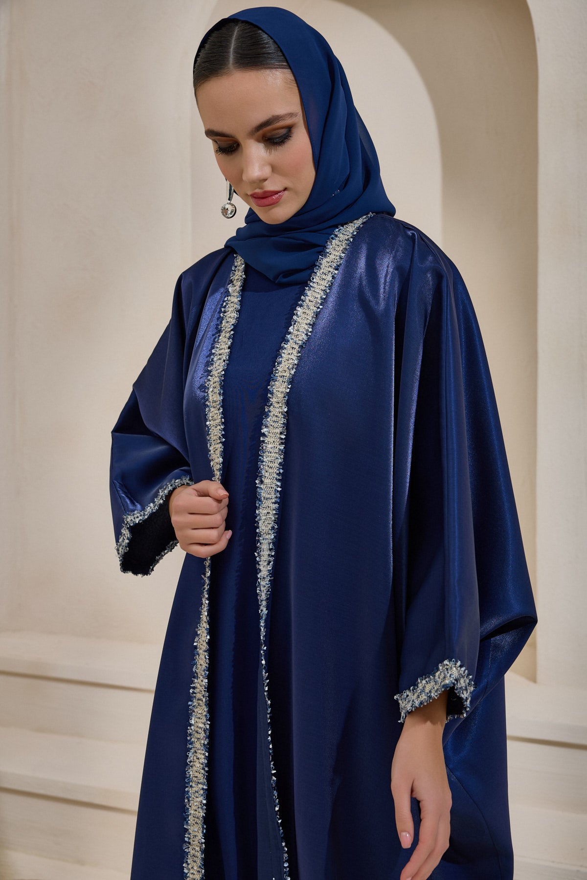 Navy Blue Oversized Satin Abaya Set with Shawl