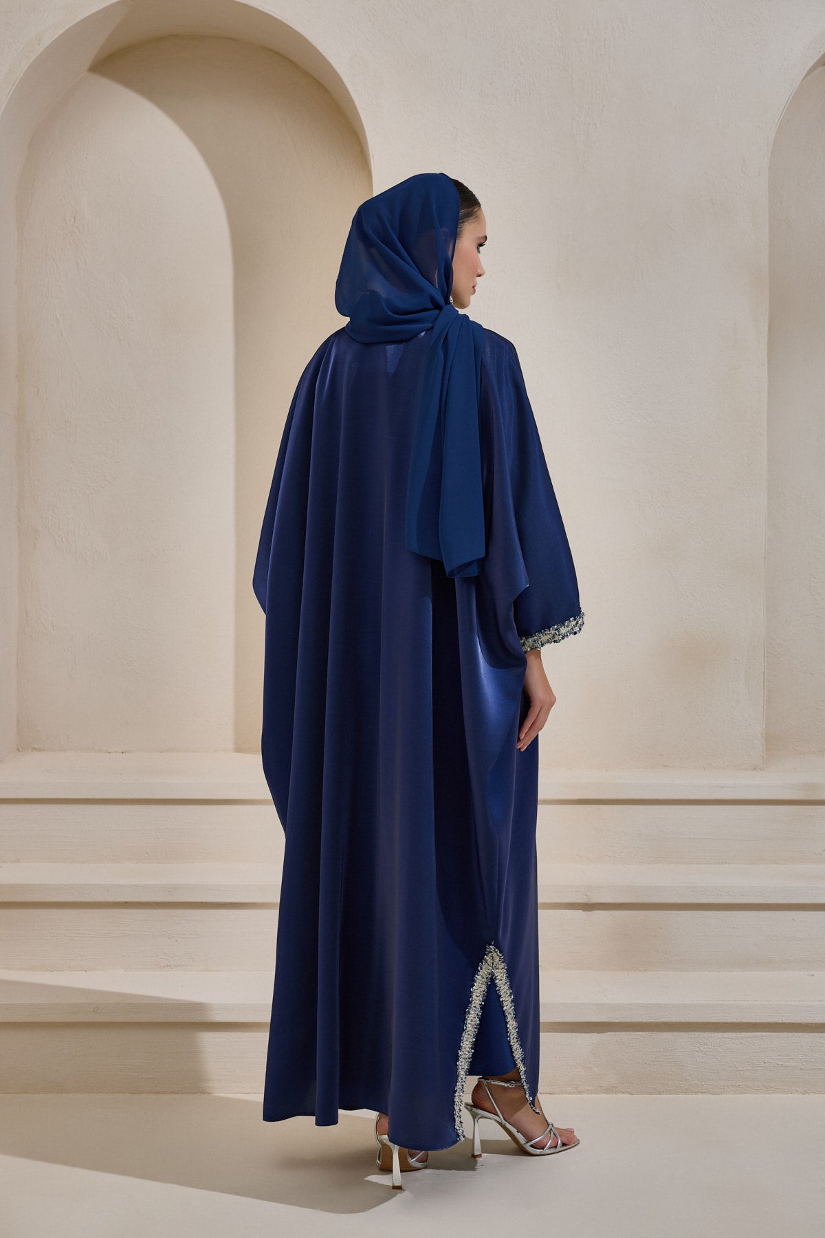 Navy Blue Oversized Satin Abaya Set with Shawl