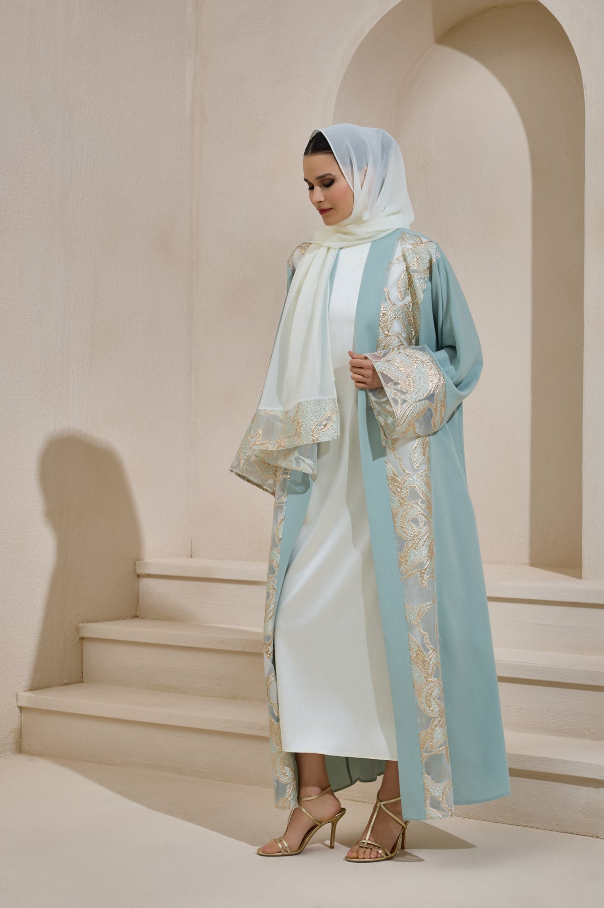 Mint Gold Brocade Abaya Set with Shawl