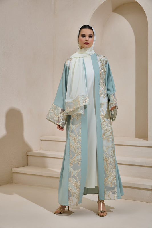 Mint Gold Brocade Abaya Set with Shawl