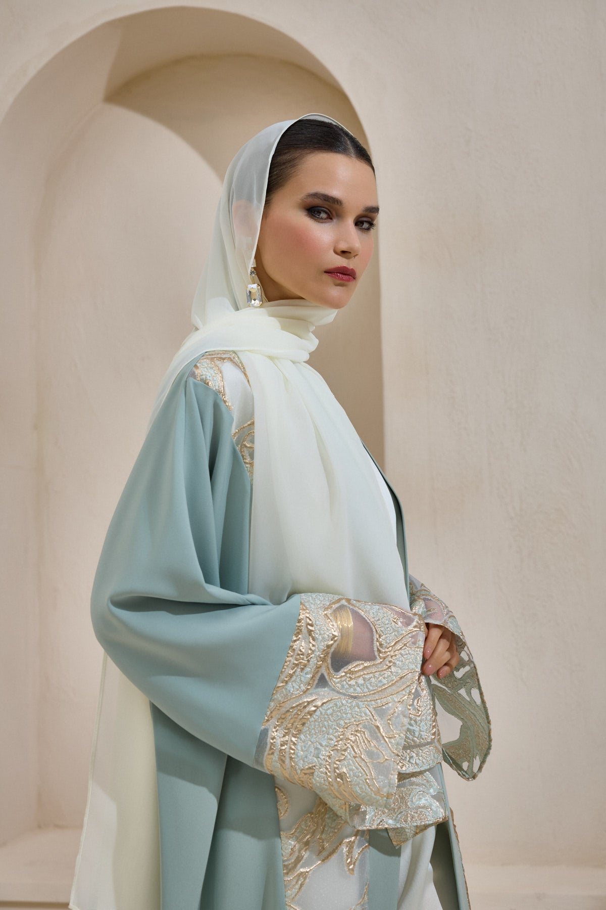 Mint Gold Brocade Abaya Set with Shawl