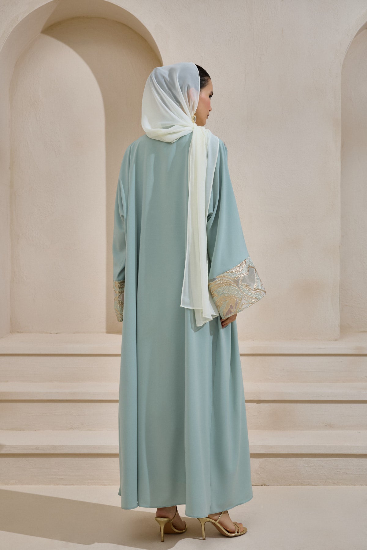 Mint Gold Brocade Abaya Set with Shawl