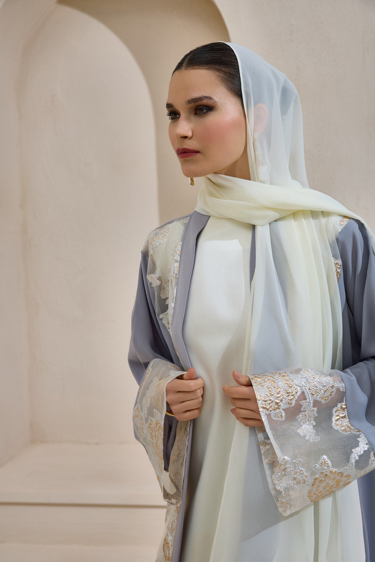 Gray Gold Brocade Abaya Set with Shawl