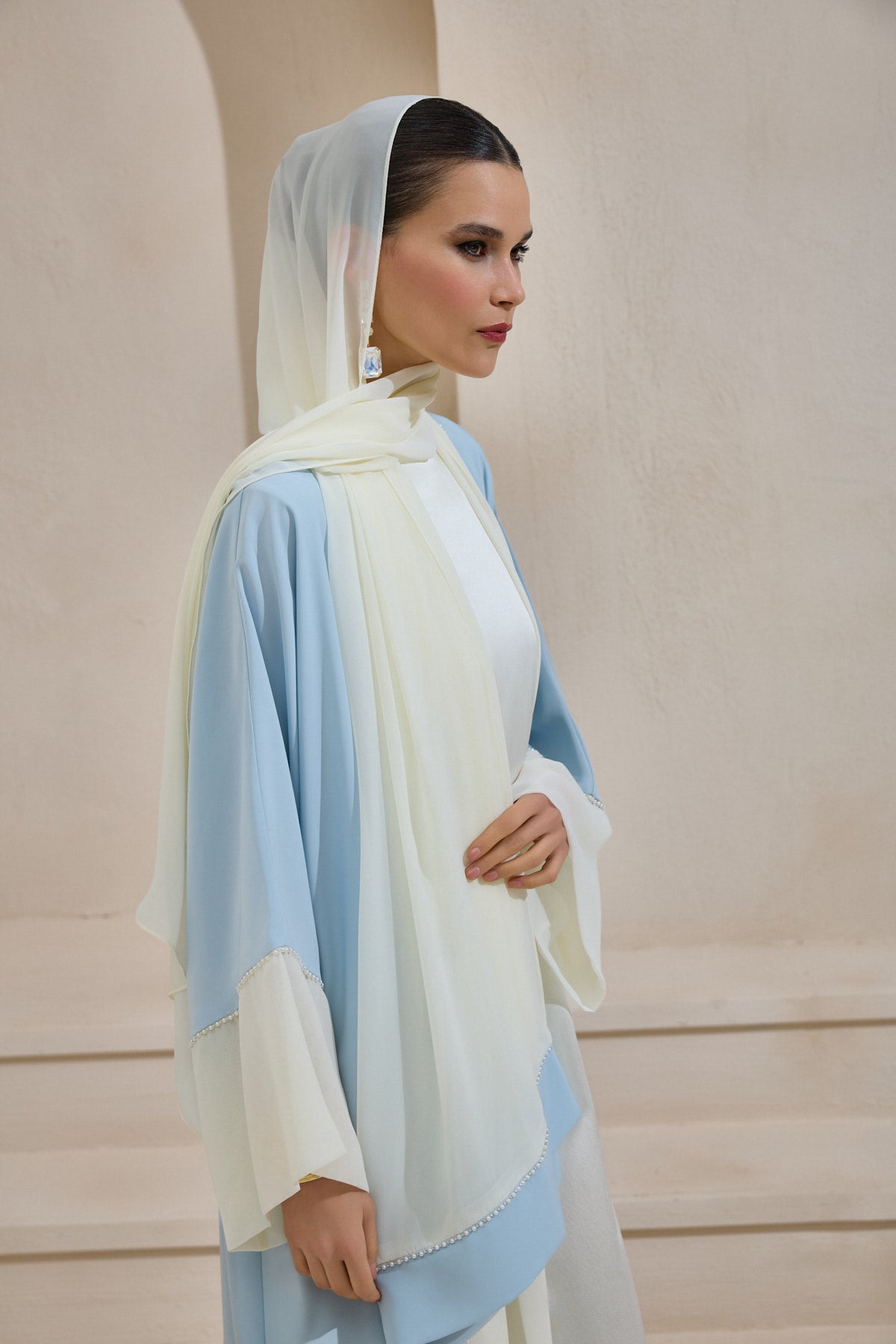 Pearl Embellished Light Blue Abaya Set with Shawl