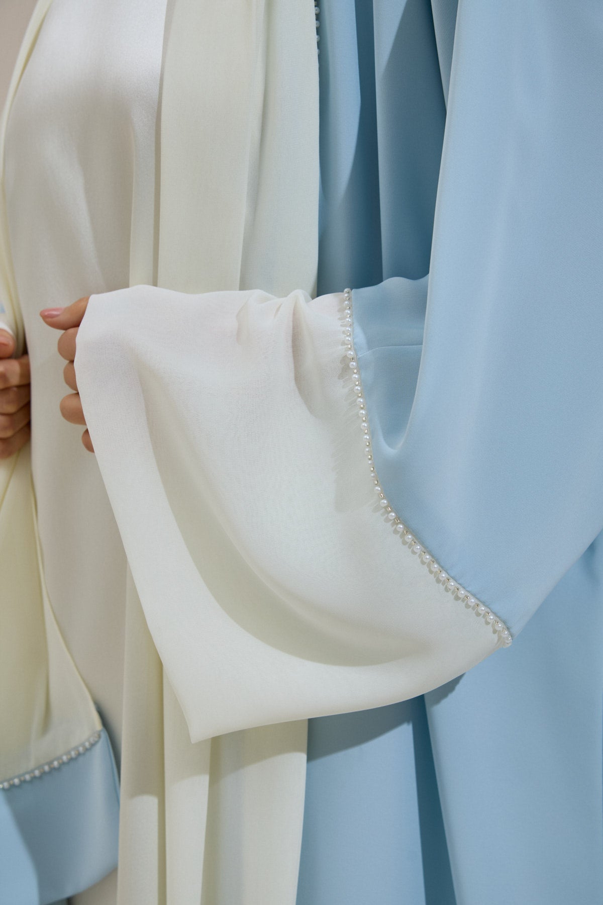 Pearl Embellished Light Blue Abaya Set with Shawl