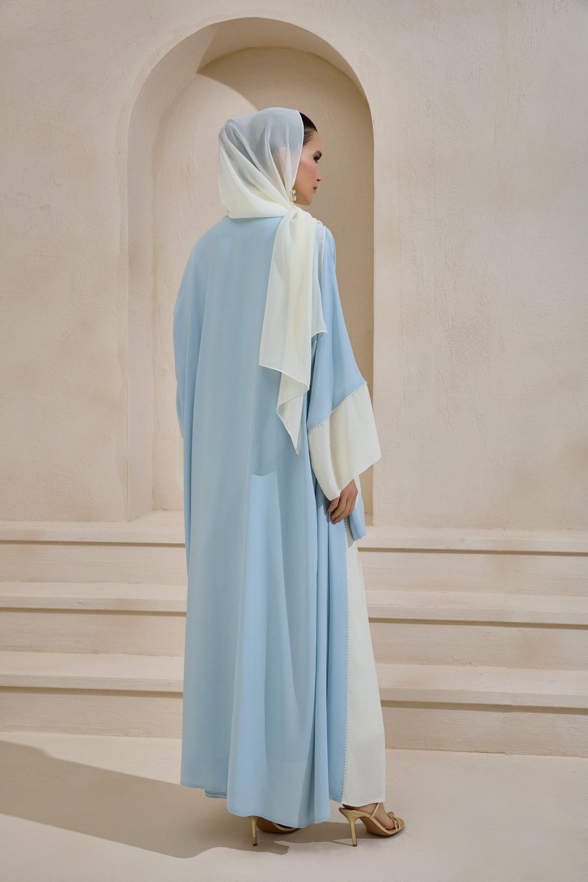 Pearl Embellished Light Blue Abaya Set with Shawl