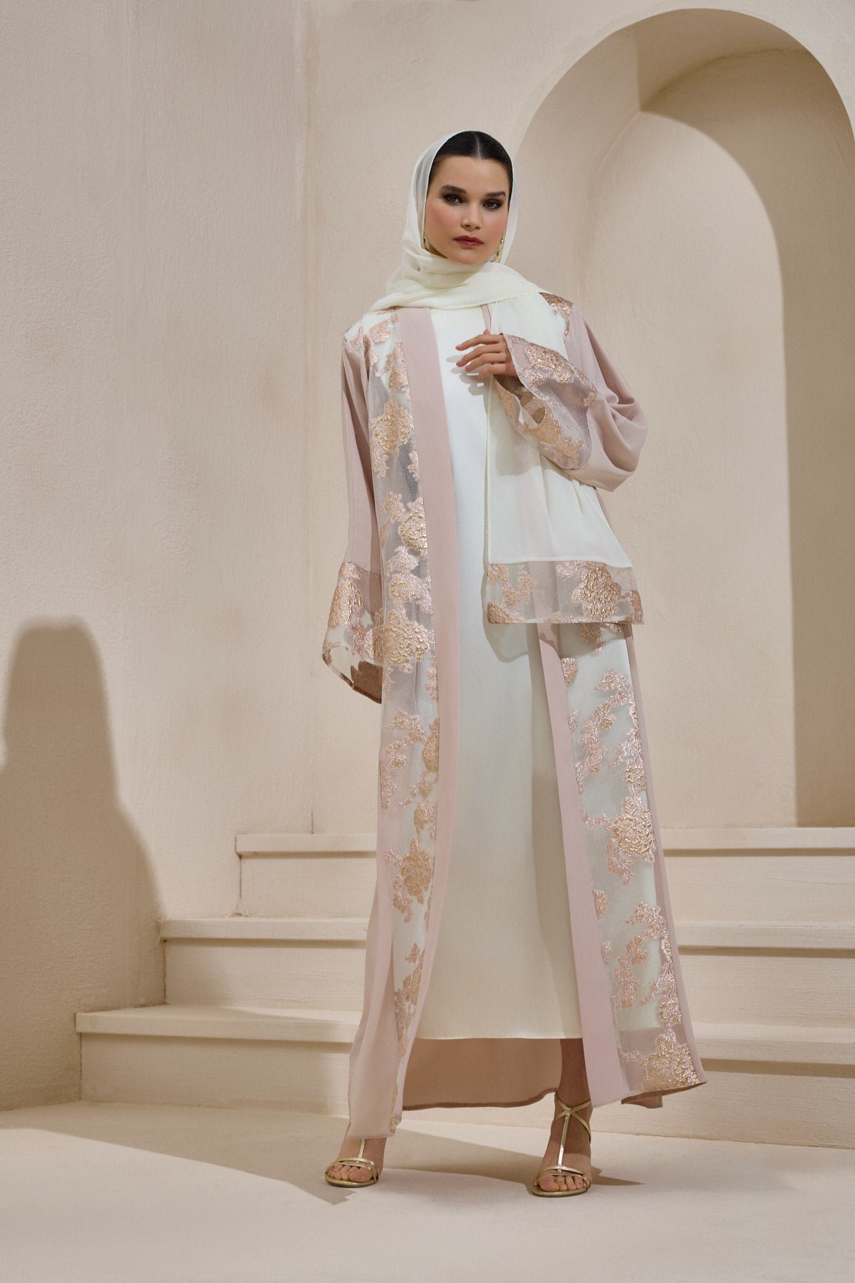 Powder Gold Brocade Abaya Set with Shawl