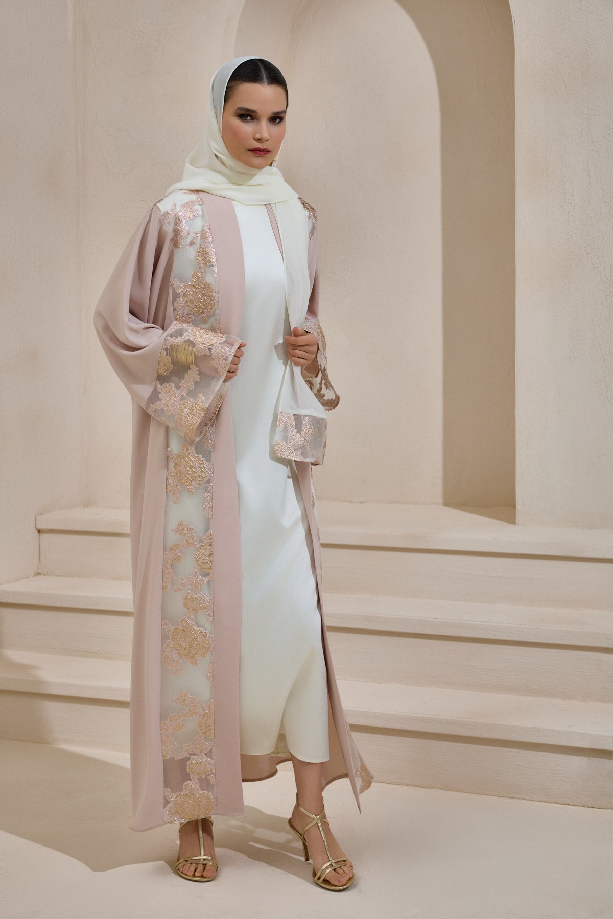 Powder Gold Brocade Abaya Set with Shawl