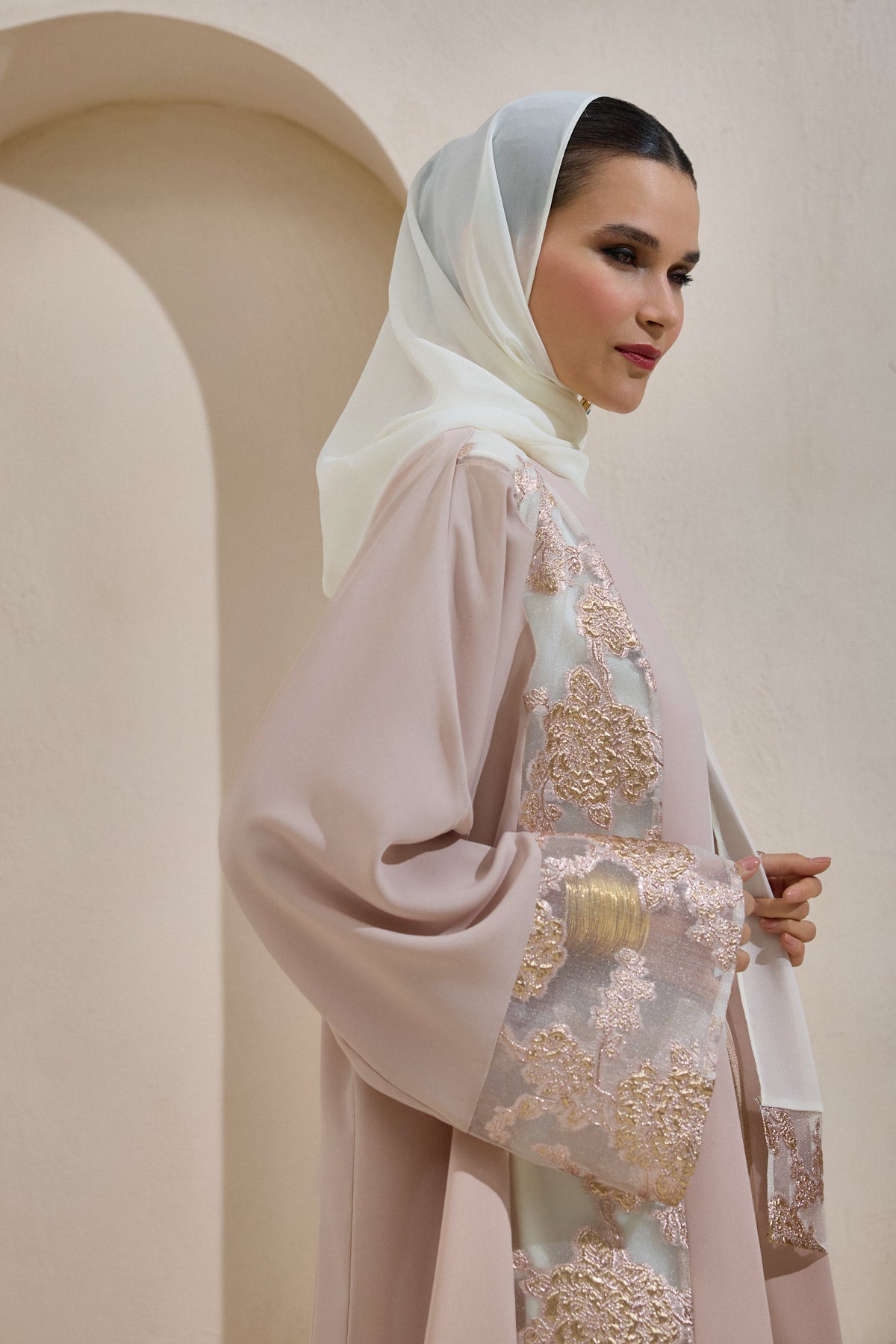 Powder Gold Brocade Abaya Set with Shawl