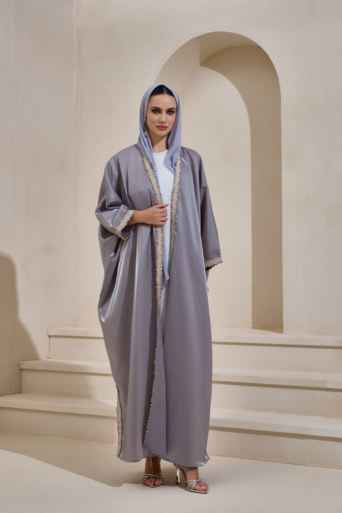 Gray Oversized Satin Abaya Set with Shawl