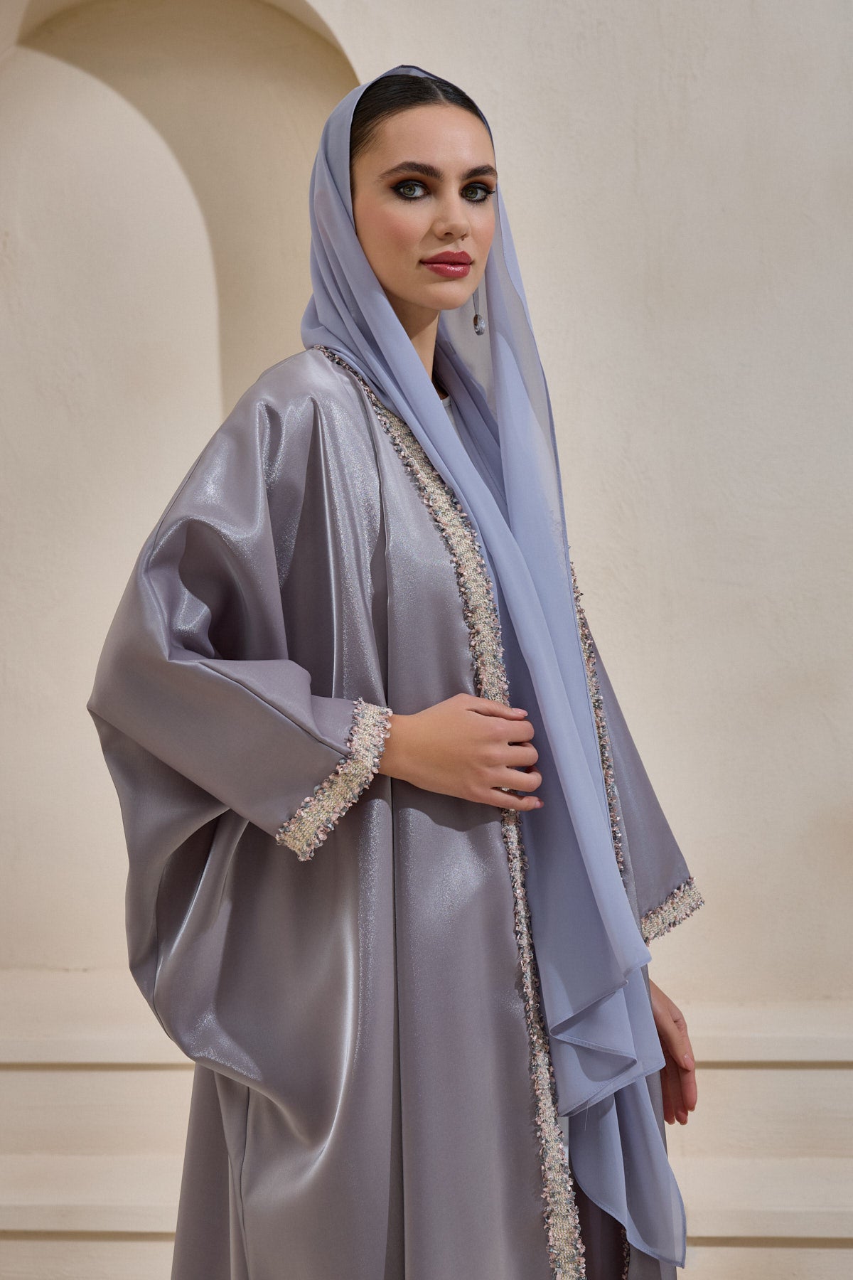 Gray Oversized Satin Abaya Set with Shawl