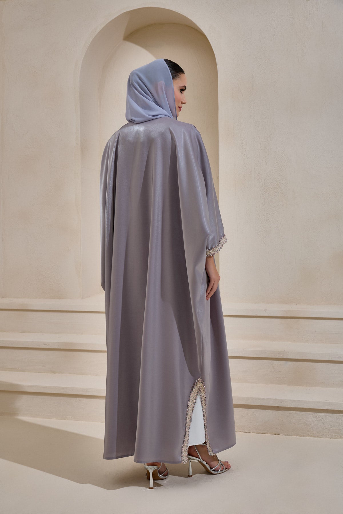 Gray Oversized Satin Abaya Set with Shawl