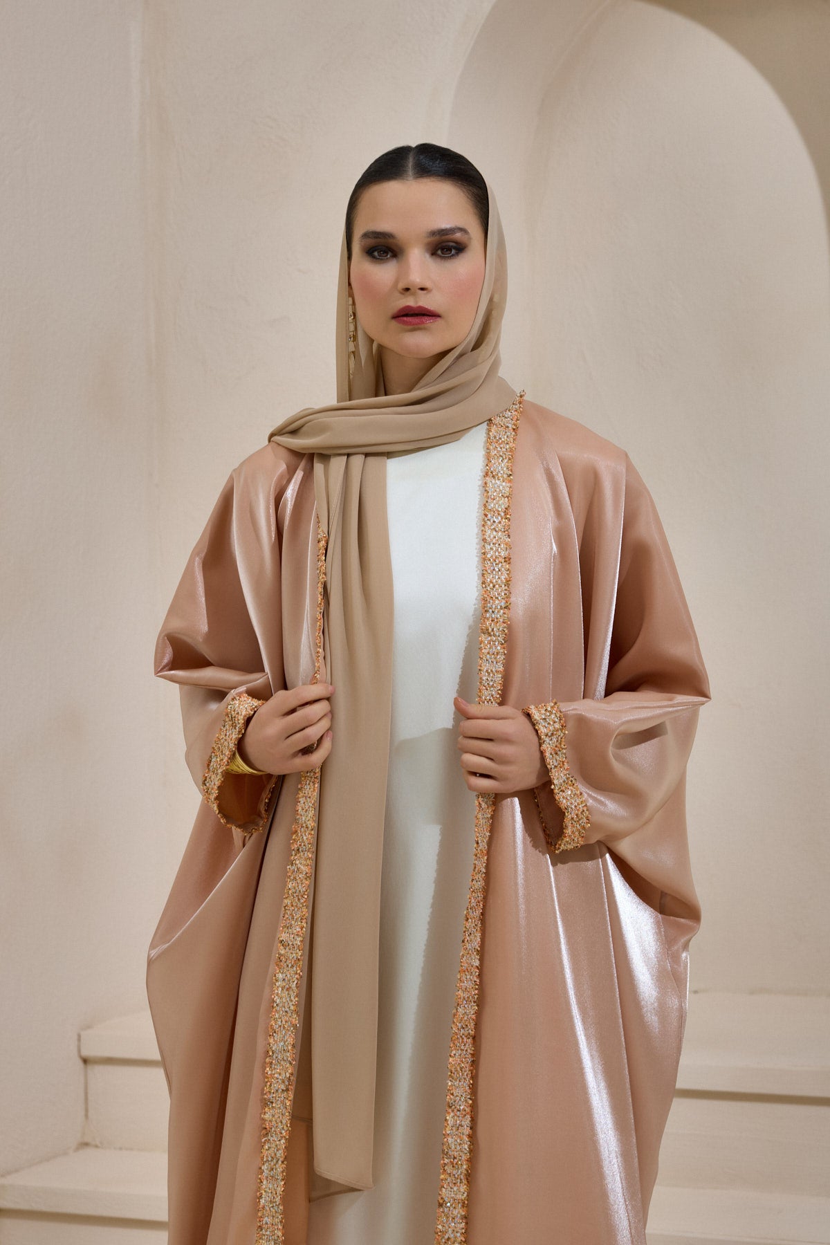 Beige Oversized Satin Abaya Set with Shawl