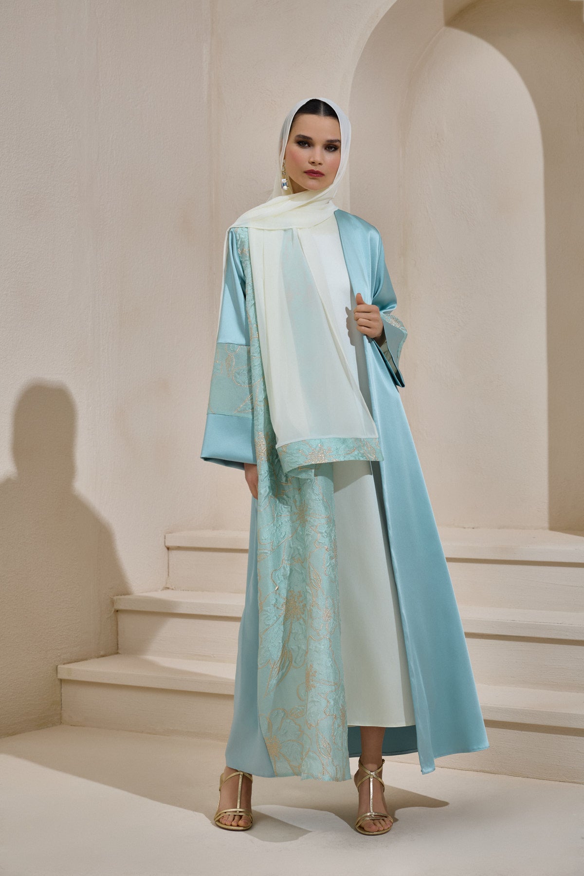 Mint Satin Gold Brocade  Abaya Set with Shawl