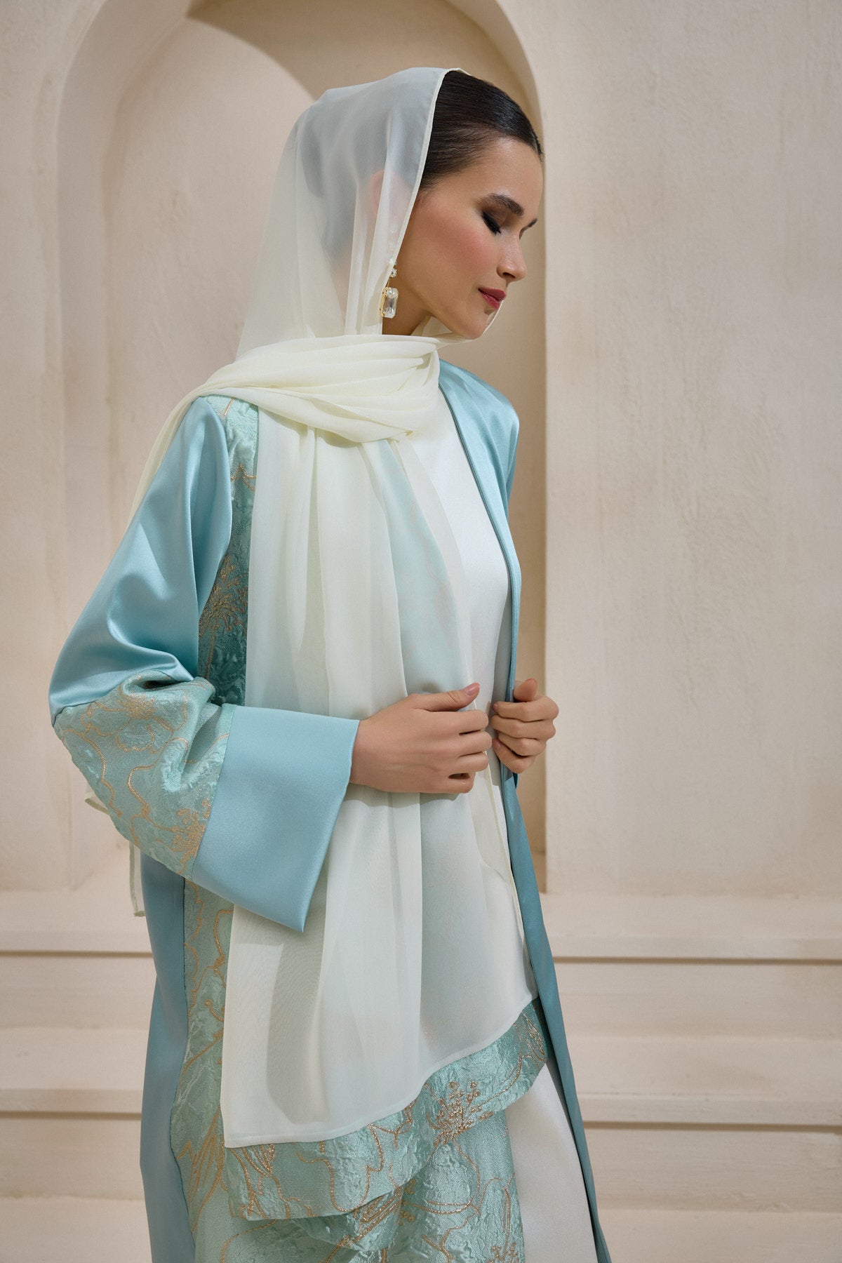 Mint Satin Gold Brocade  Abaya Set with Shawl