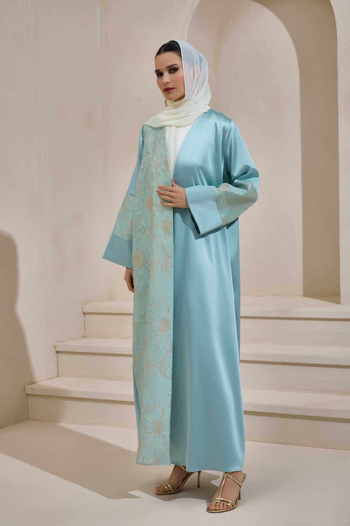 Mint Satin Gold Brocade  Abaya Set with Shawl