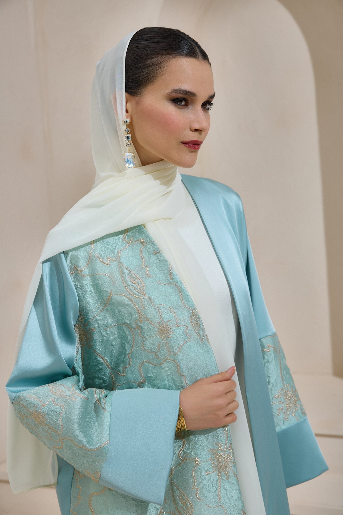 Mint Satin Gold Brocade  Abaya Set with Shawl