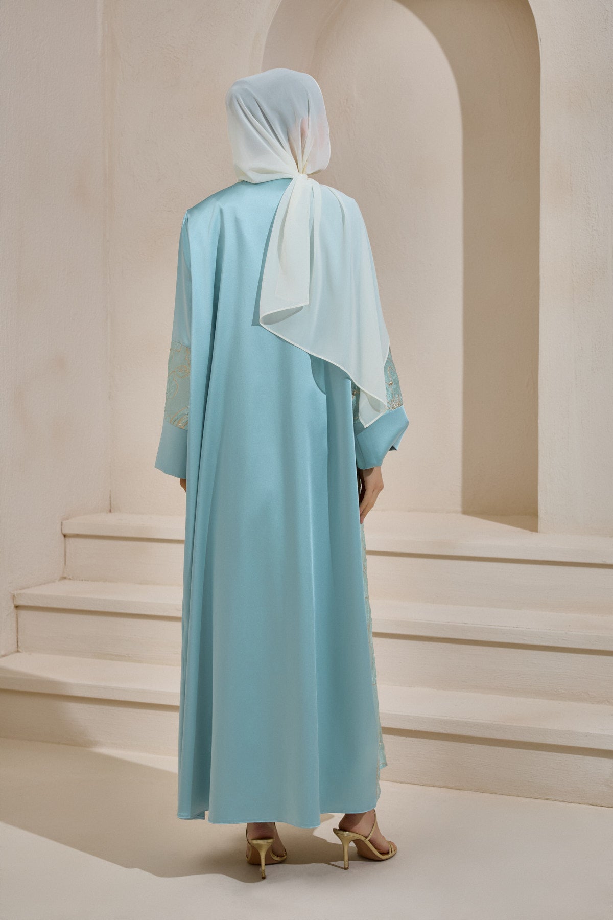 Mint Satin Gold Brocade  Abaya Set with Shawl