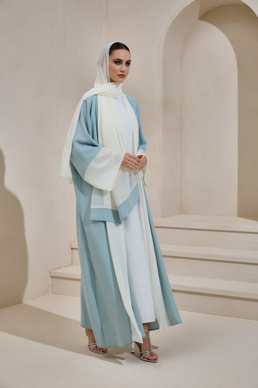 Pearl Embellished Mint Green Abaya Set with Shawl