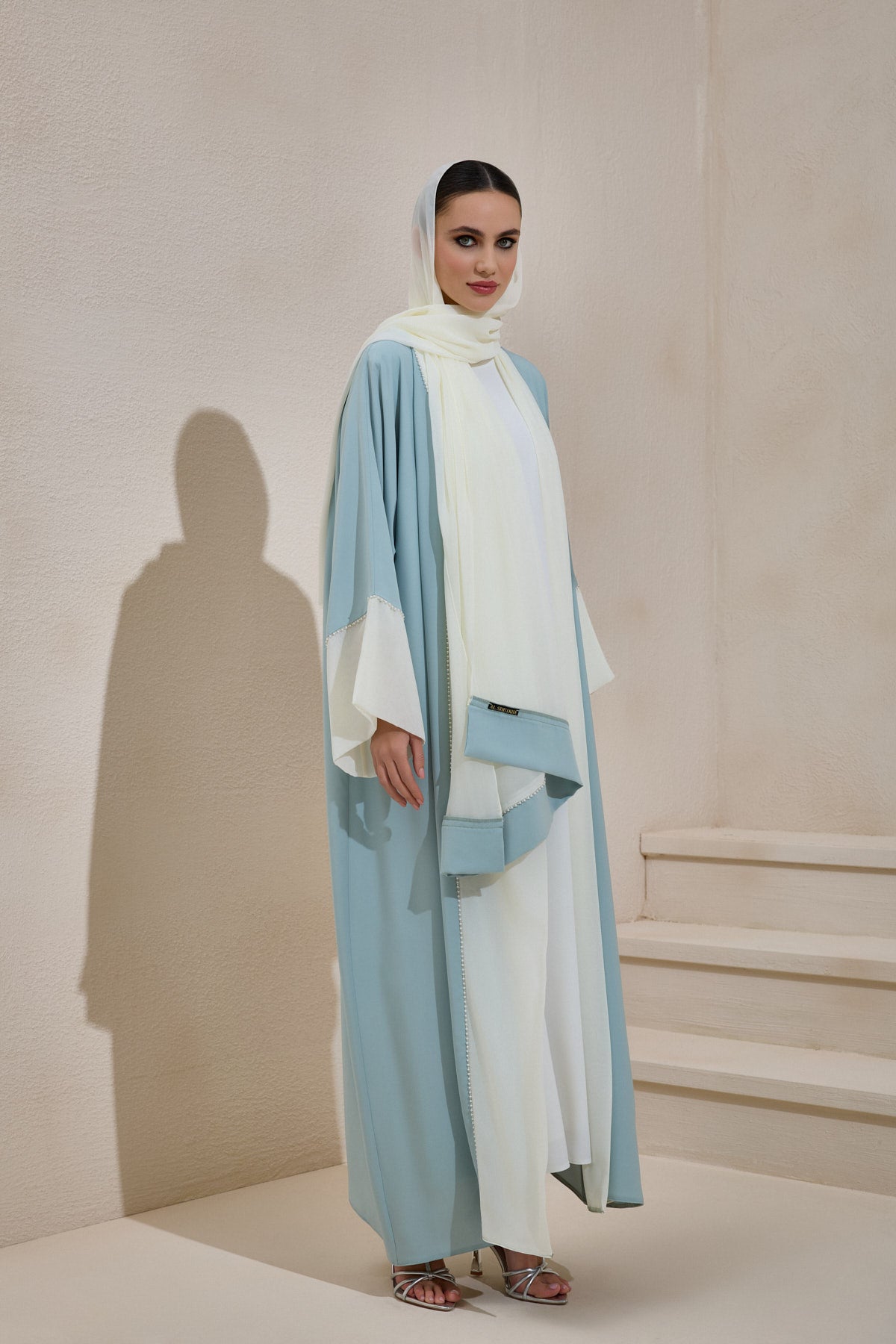 Pearl Embellished Mint Green Abaya Set with Shawl