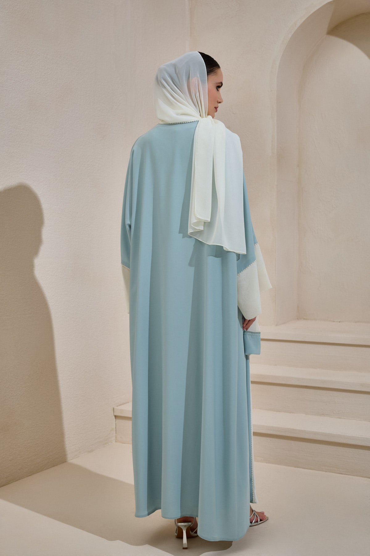 Pearl Embellished Mint Green Abaya Set with Shawl