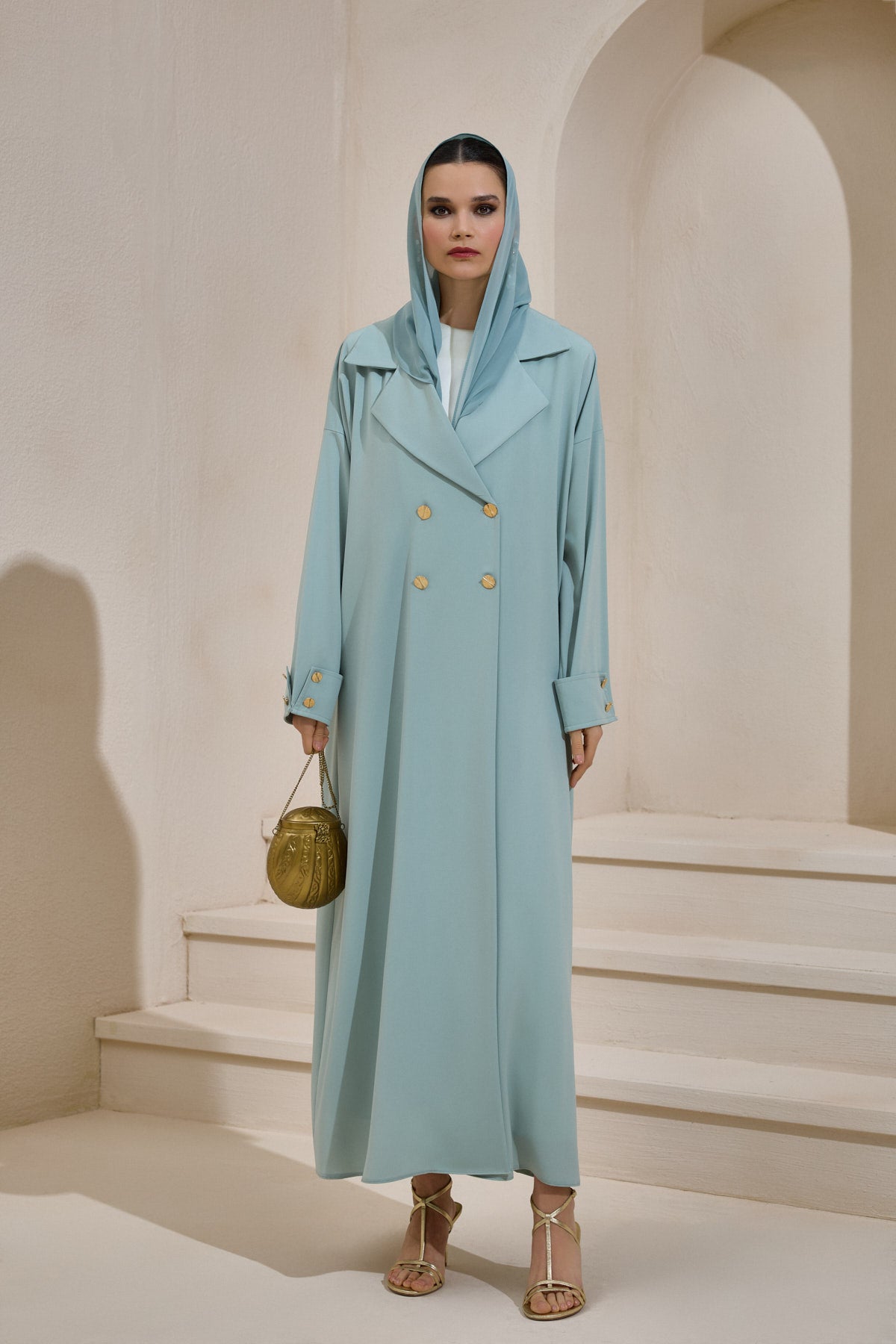 Mint Green Gold Button Detailed Trench Abaya