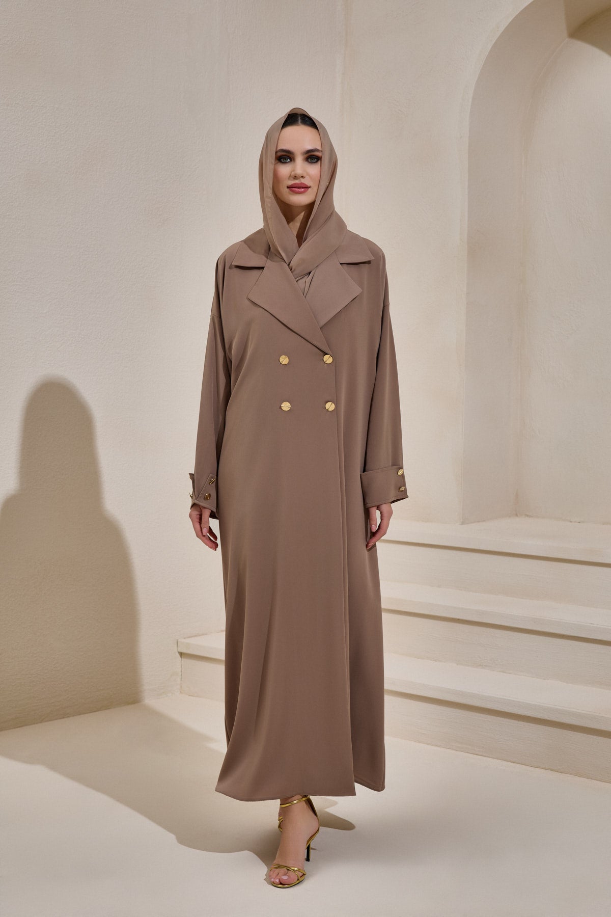 Mink Gold Button Detailed Trench Abaya