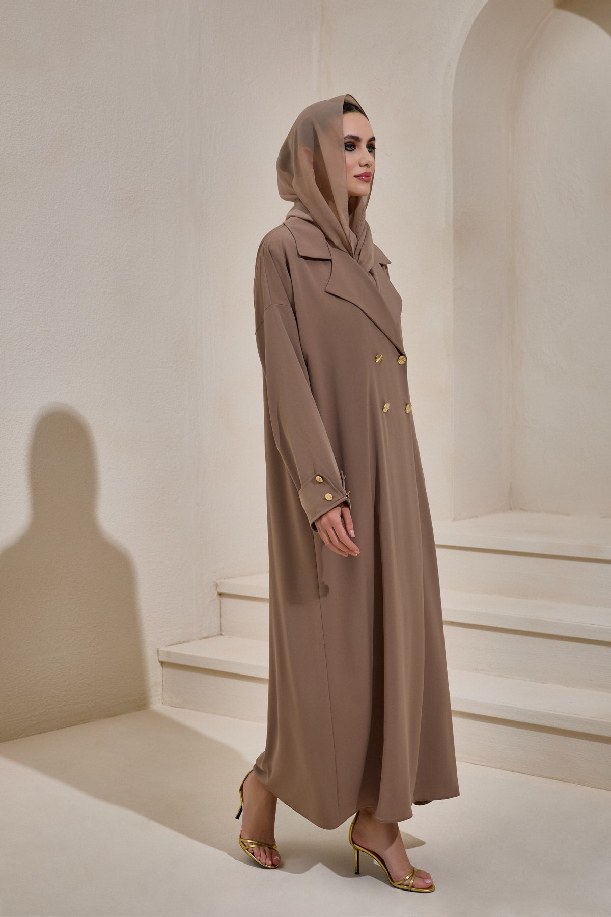 Mink Gold Button Detailed Trench Abaya