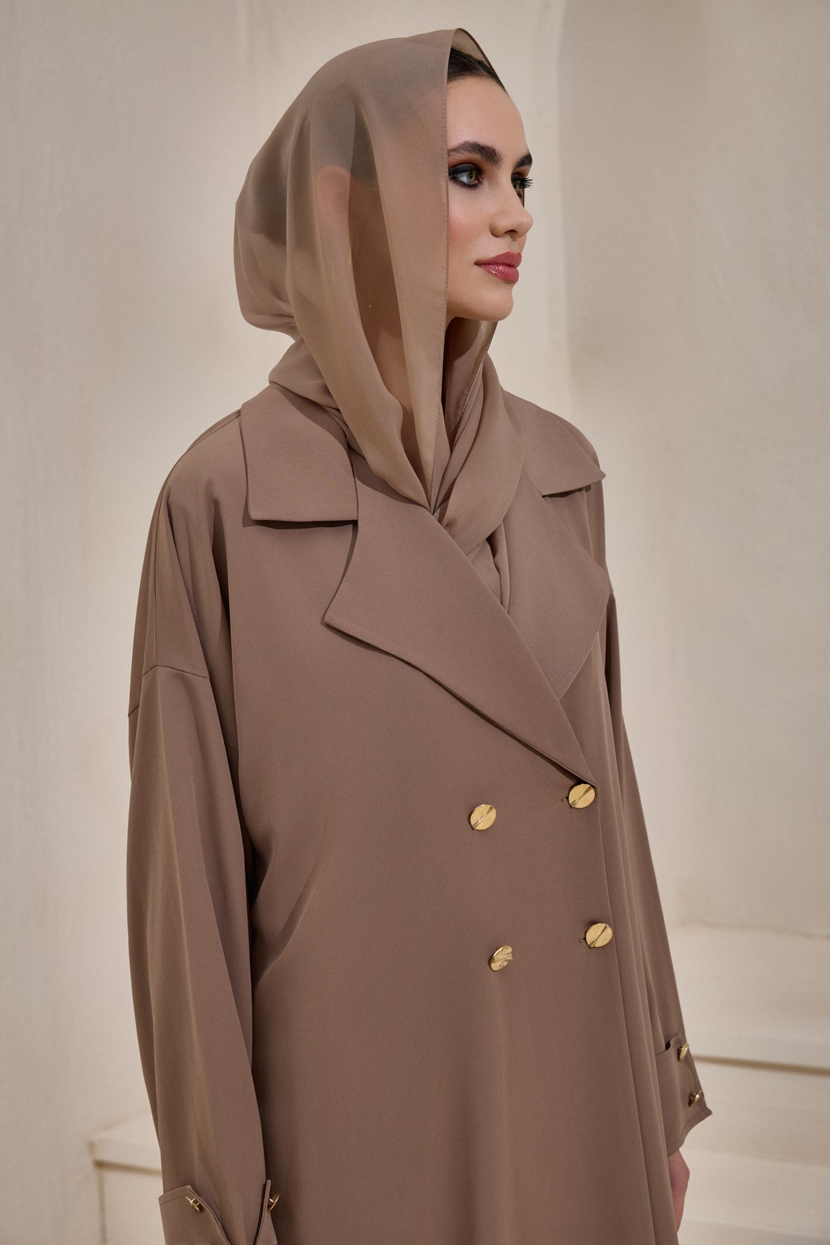 Mink Gold Button Detailed Trench Abaya