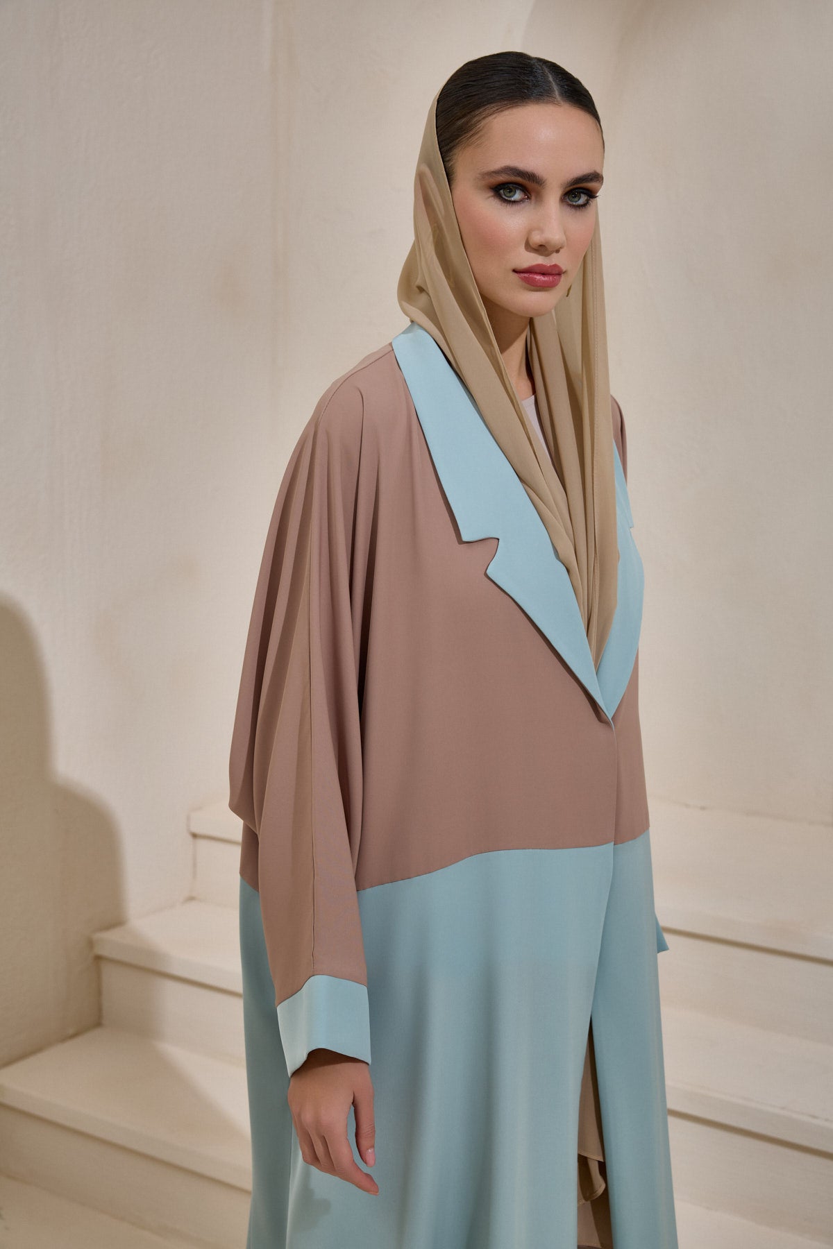 Light Blue and Mink Abaya Set with Shawl