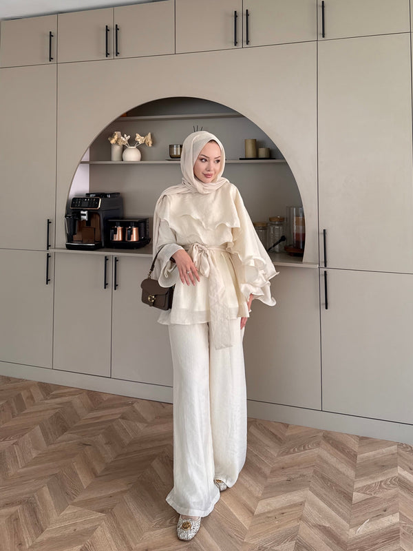 Shirley Ruffled Pant Set - Beige