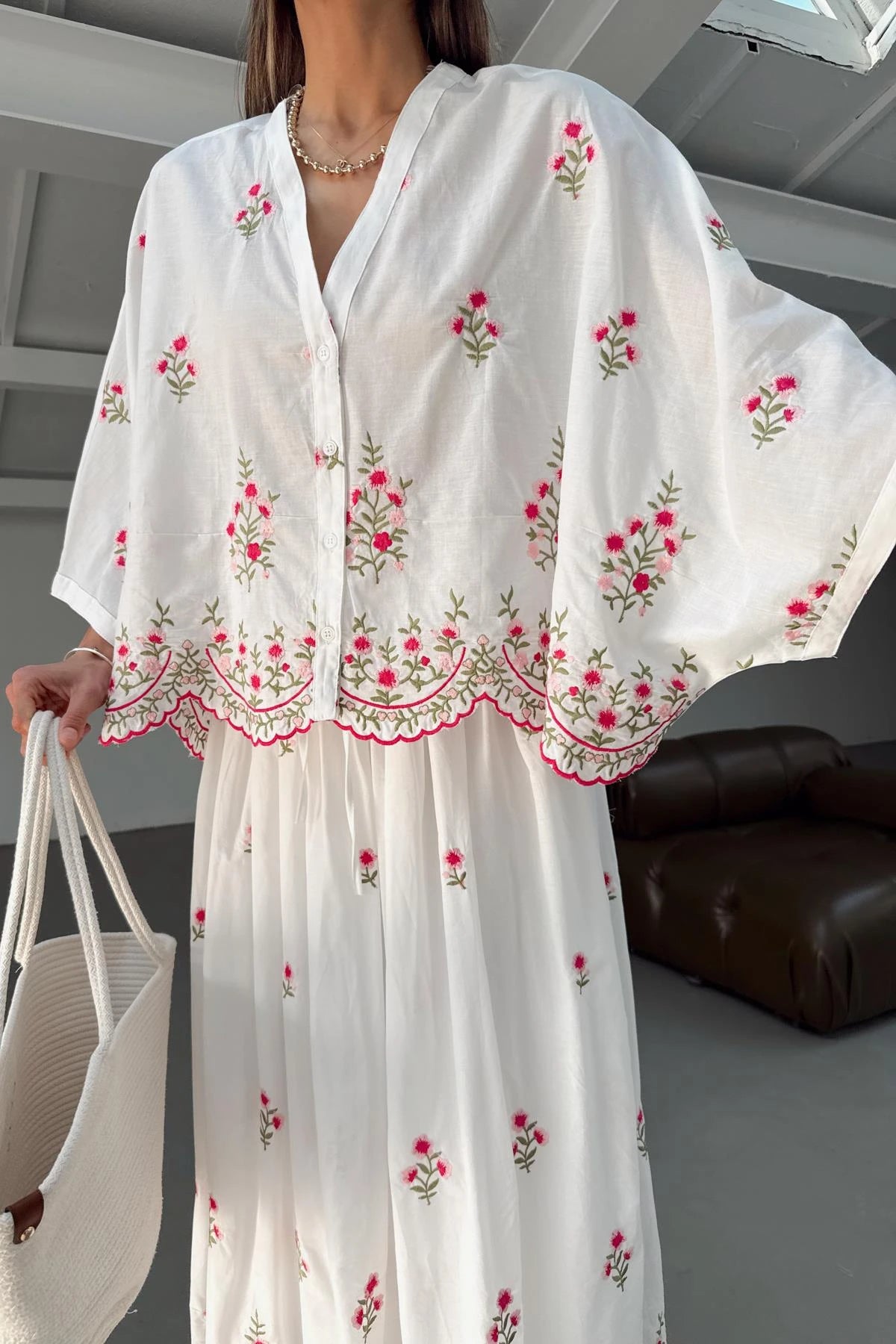 100% Cotton Embroidered Skirt and Shirt Set