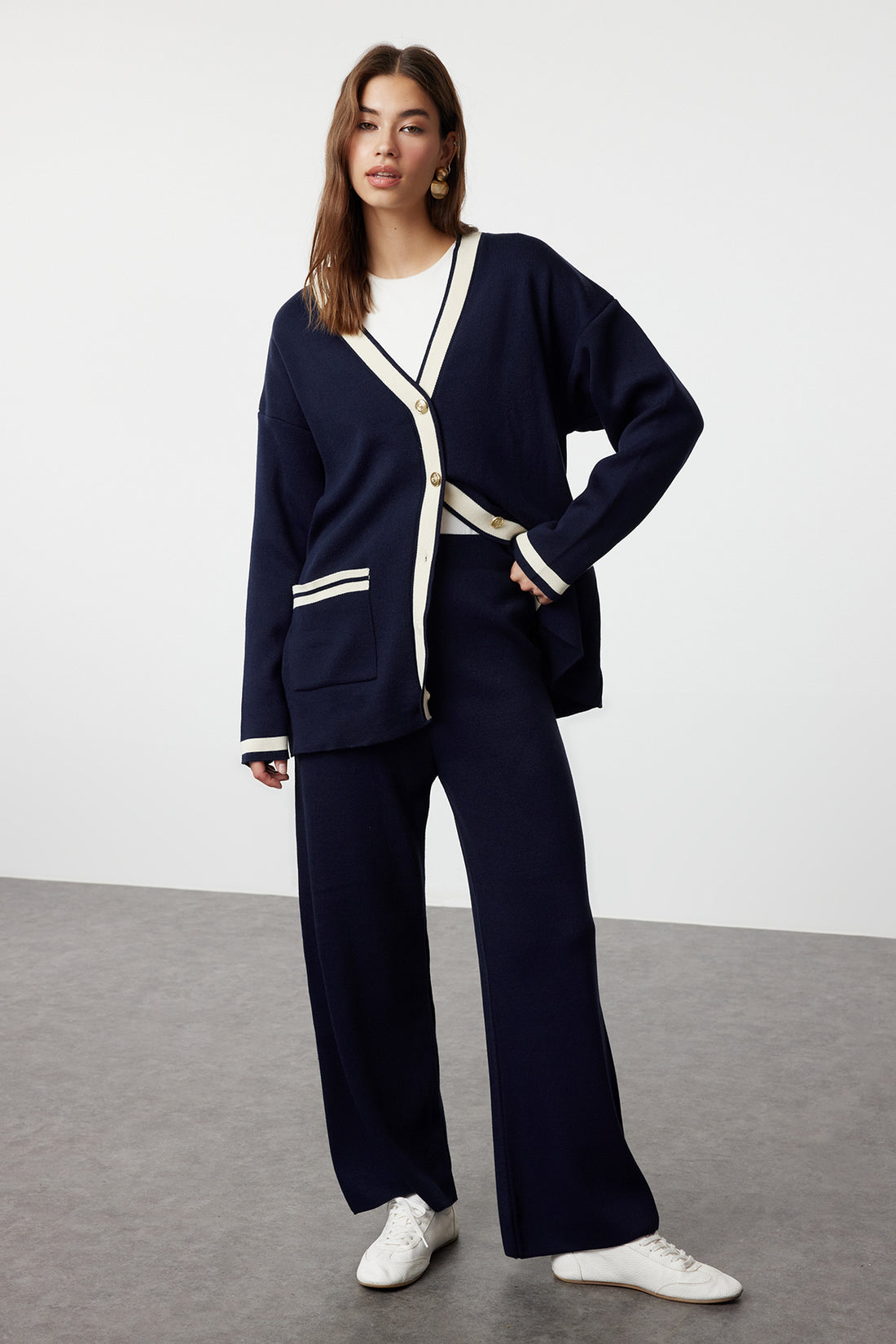 Navy cardigan and trousers set full outfit on model