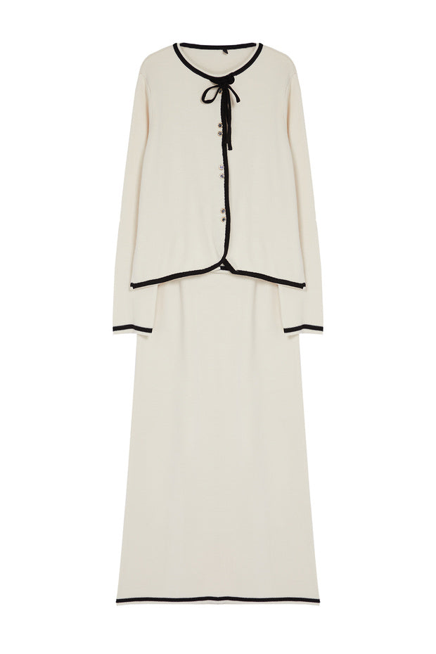 Ecru cardigan and maxi skirt flat product photo front