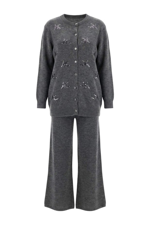 Anthracite sequin detail knitted two piece set - ghost