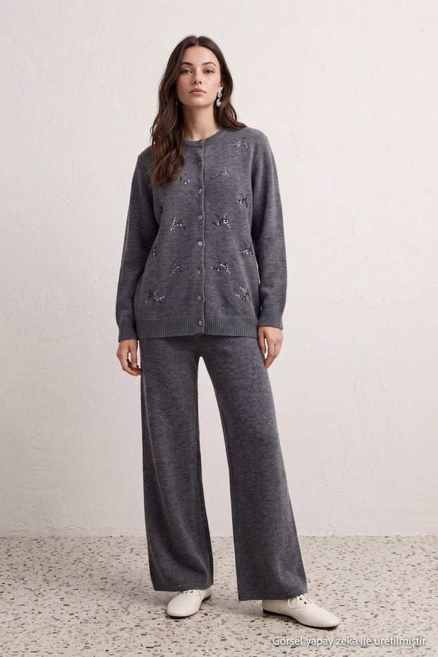 Anthracite sequin detail knitted two piece set - side