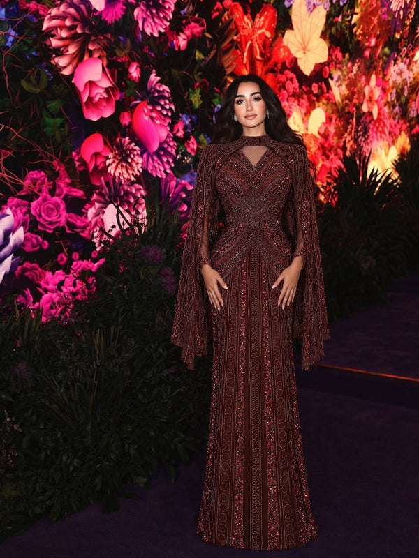 Terracota Couture Cape Detail Dress in Burgundy